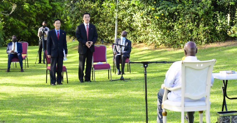 Ambassador of the Democratic Republic of Korea to Uganda Jong Tong Hak bids farewell to President Museveni SHE 01 780x405