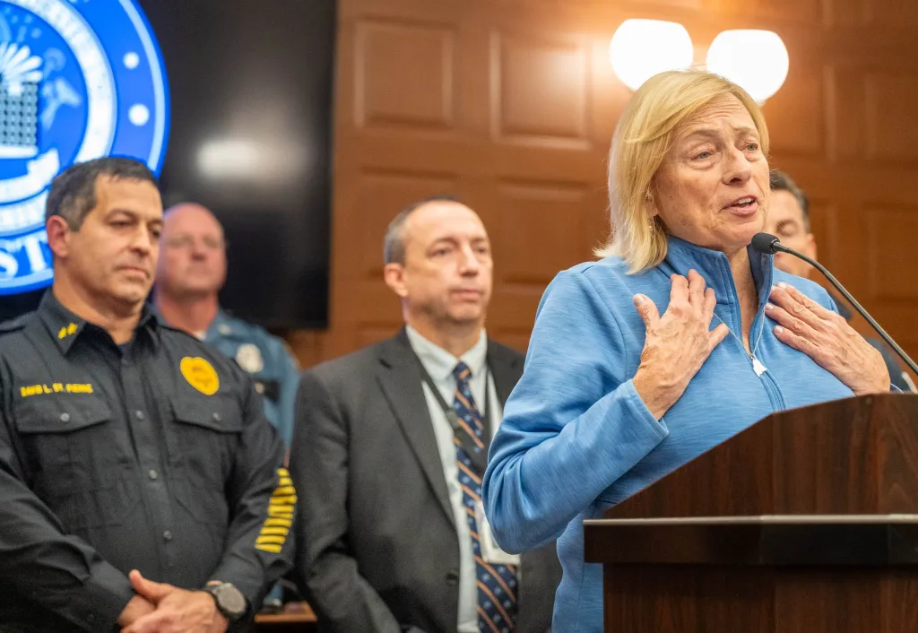 Gov. Janet Mills speaks to the media Friday night at Lewiston City Hall, announcing that Robert Card was found dead of an apparent self inflicted gunshot wound in Lisbon Falls.