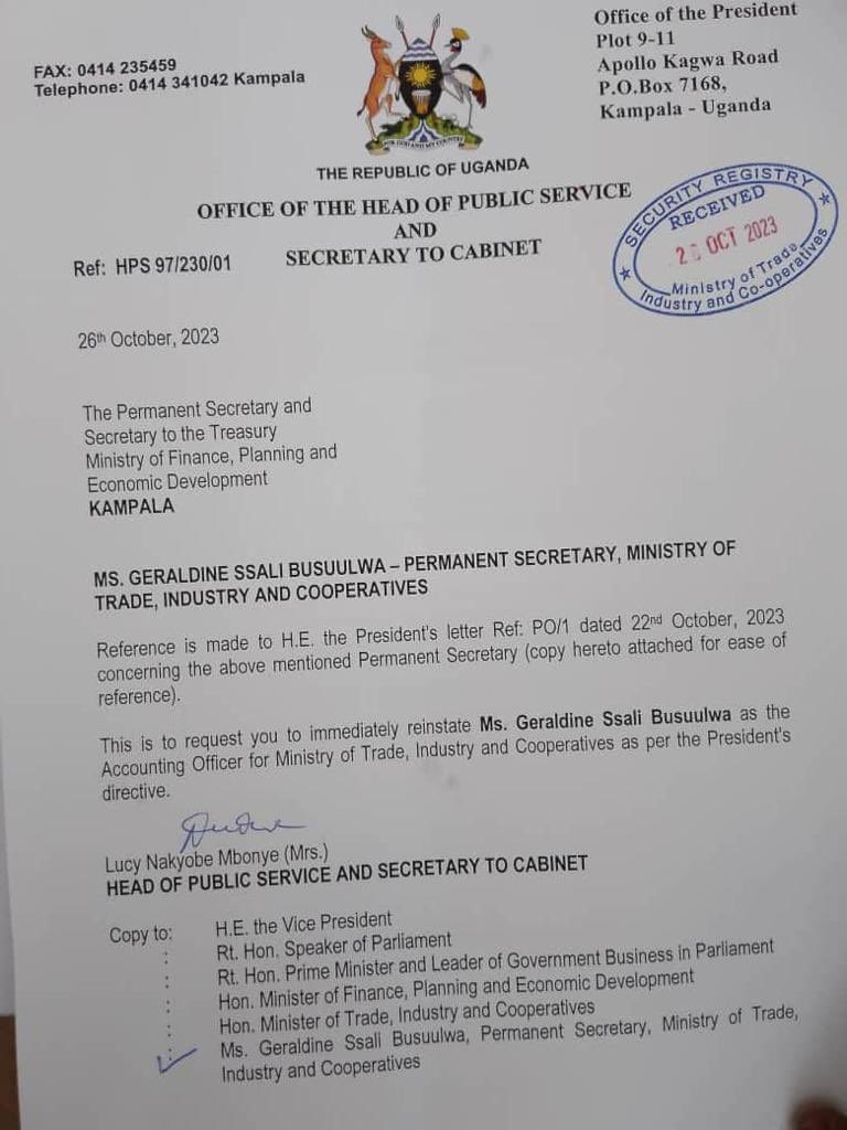 Museveni Exercises Presidential Veto in Reinstatement Sacked Trade PS Geraldine Ssali