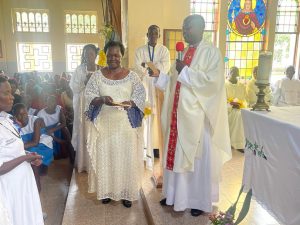 Hon. Lamwaka Catherine, the Woman MP for Omoro district during the celebration of the Catechist day at St Joseph Opit Mission in Omoro district.