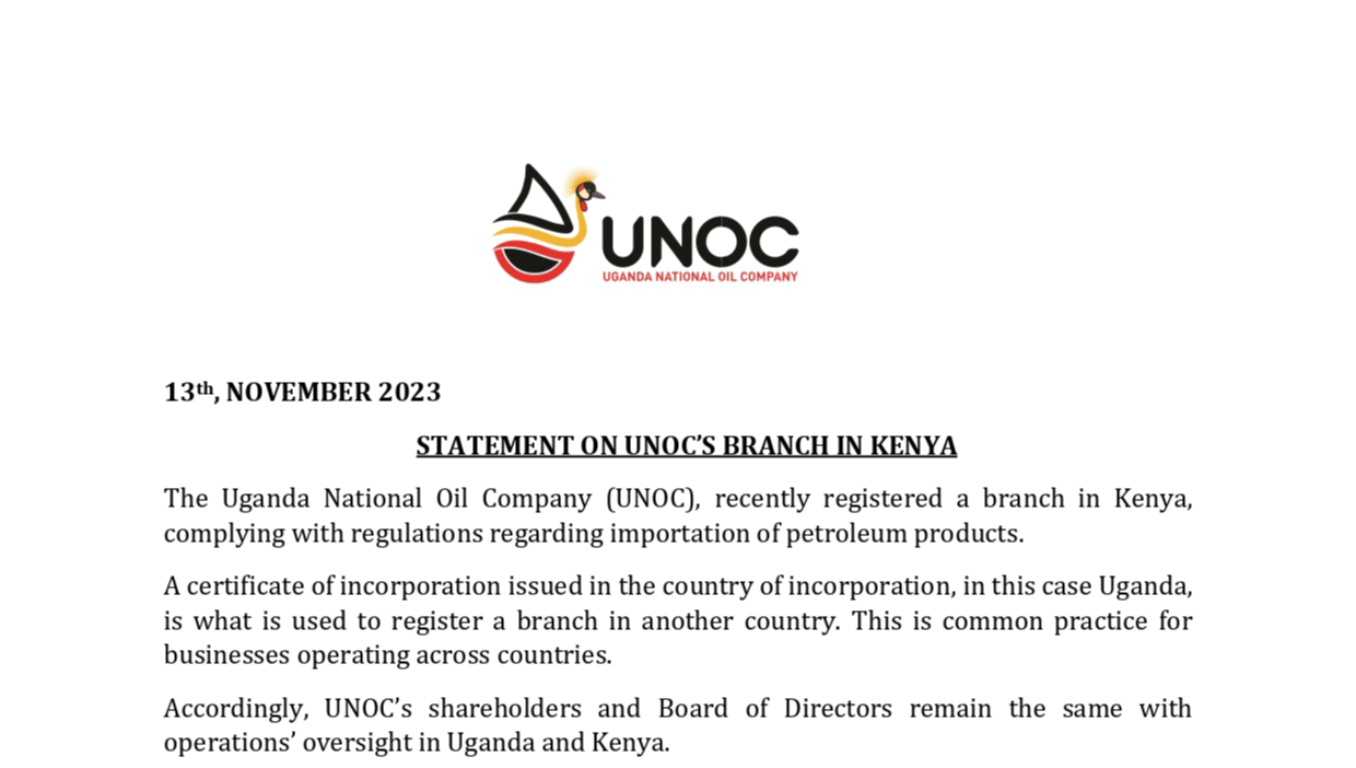 uganda national oil company clarifies opening of oil import branch in kenya