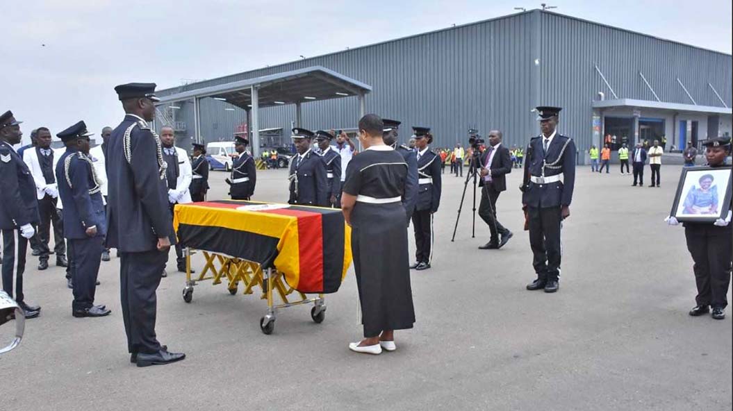 Anita Annet Among, Speaker of Parliament at Entebbe International Airport while receiving the body of the late Cecilia Atim Ogwal.
