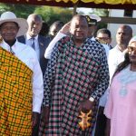 President Museveni, Huru Kenyatta and UN resident coordinator Ms. Rosa Malango after the sigining of crossborder MOU in Moroto on thursday (photo by Steven Ariong)