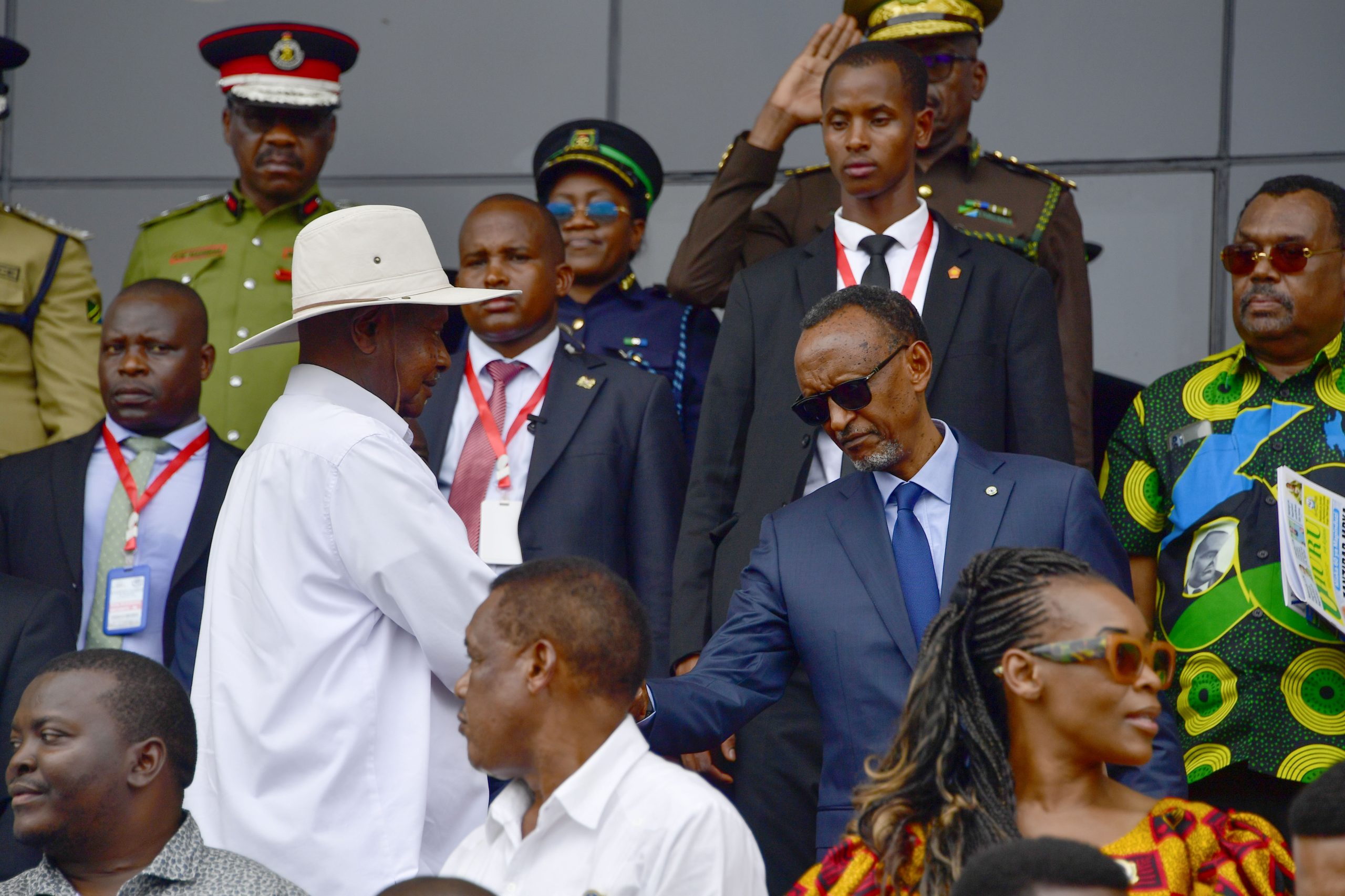 President Museveni chats with President Kagame during the 60th anniversary of the Zanzibar revolution in Zanzibar on Friday. PPU Photo (2)