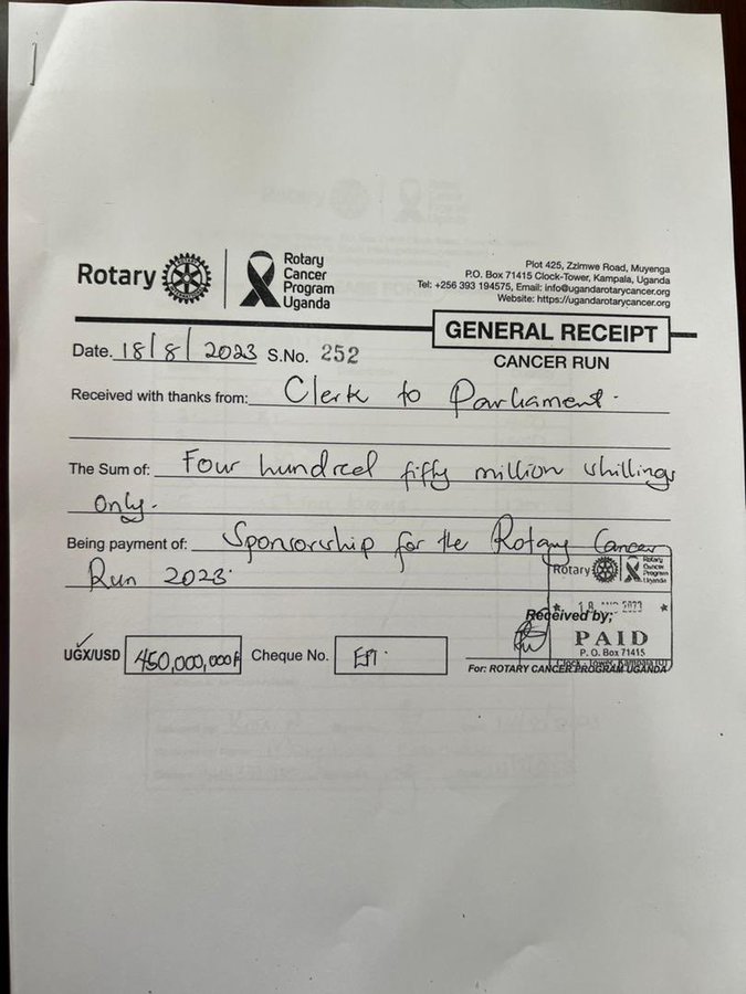 Donation Receipt Parliament to Nsambya Rotary Club
