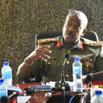 Maj Gen Leopold Kyanda making his remarks during the meeting at the Ministry of Defence and Veteran Affairs in Mbuya