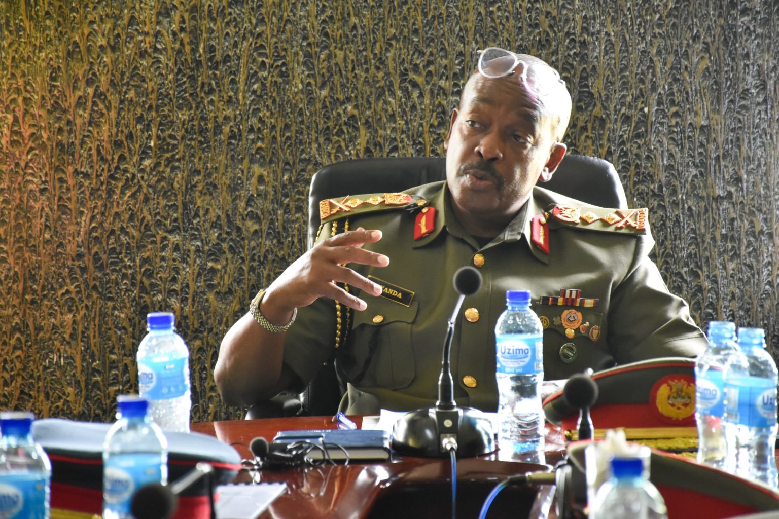 Maj Gen Leopold Kyanda making his remarks during the meeting at the Ministry of Defence and Veteran Affairs in Mbuya