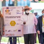 EU Head of Delegation Jan Sadek, EU Partnerships Dep. Director Myriam Ferran, President Yoweri Museveni and UNCDF Head of Country office, Sophie De Coninck