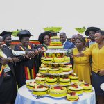 State Minister of Lands Judith Nabakooba, the State House Comptroller Jane Barekye, the ministry of Local Government Commissioner Economic Development Anthony Namara, graduates cut the cake during the graduation first and second intake 2023 of the Mubende Zonal region Presidential Industrial Hub in Kibuye Vega Village, Kitenga sub- county, Buwekula South county in Mubende District on the 24th April 2024. Photo by PPU/Tony Rujuta.
