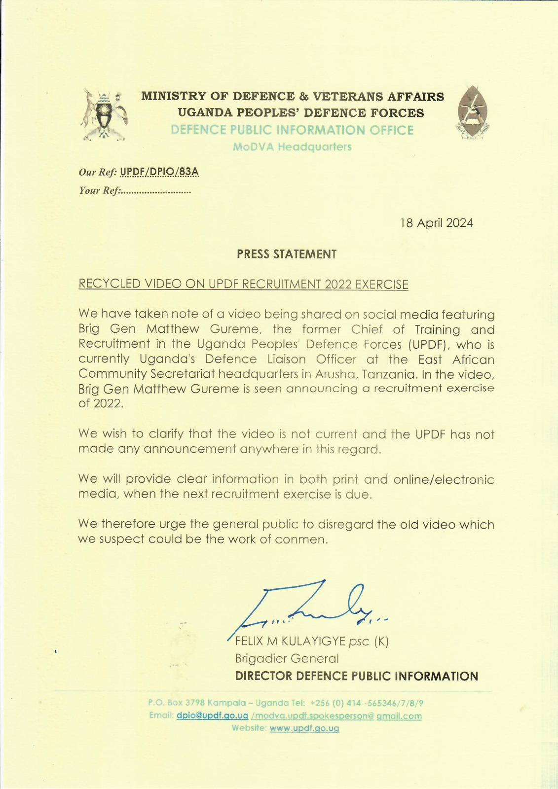 UPDF Dismisses Misleading Recruitment Video