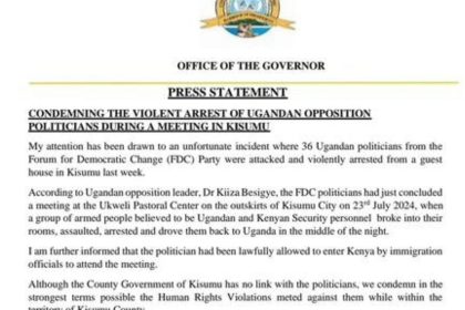 Kisumu Governor Blasts Uganda Over Inhumane Treatment of FDC Activists