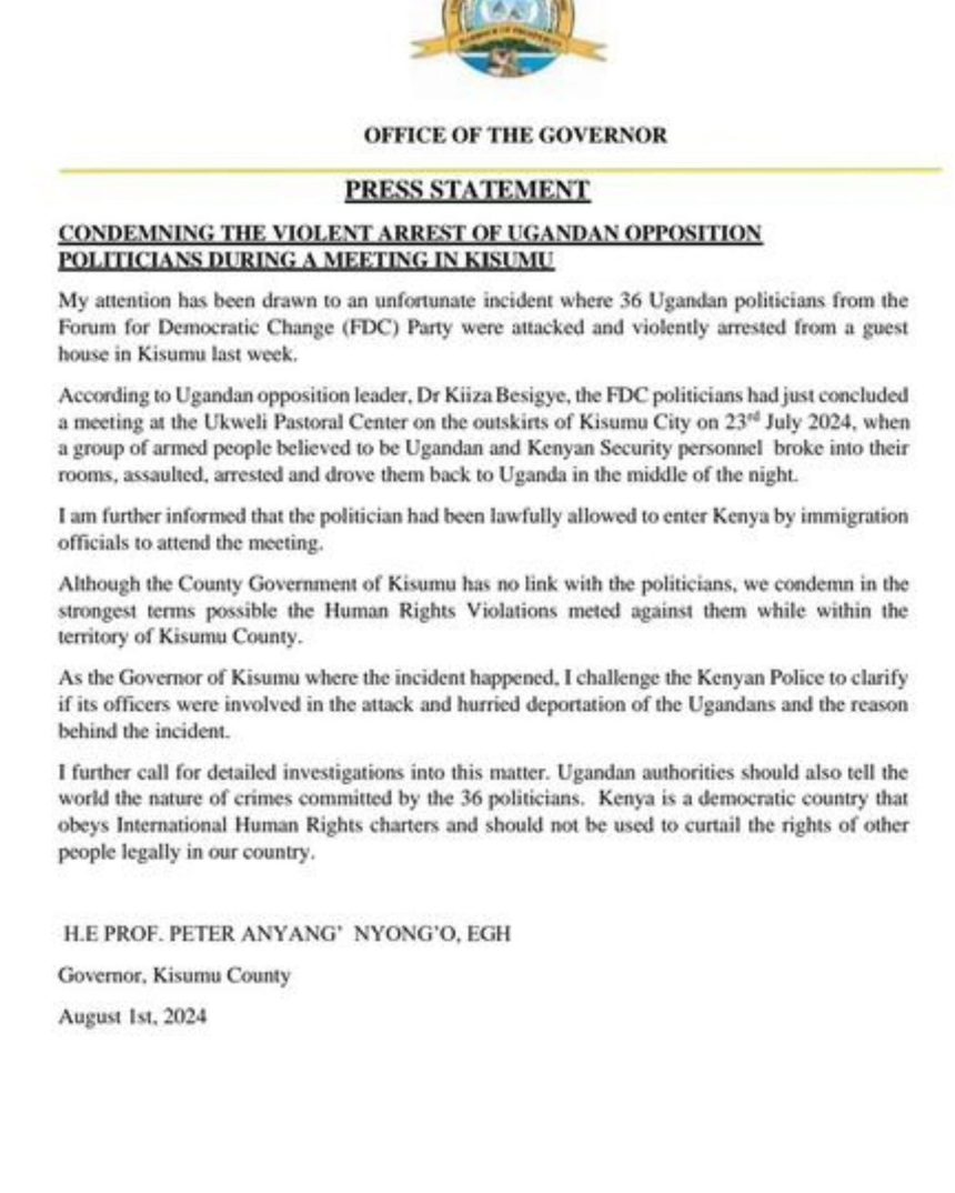 Kisumu Governor Blasts Uganda Over Inhumane Treatment of FDC Activists