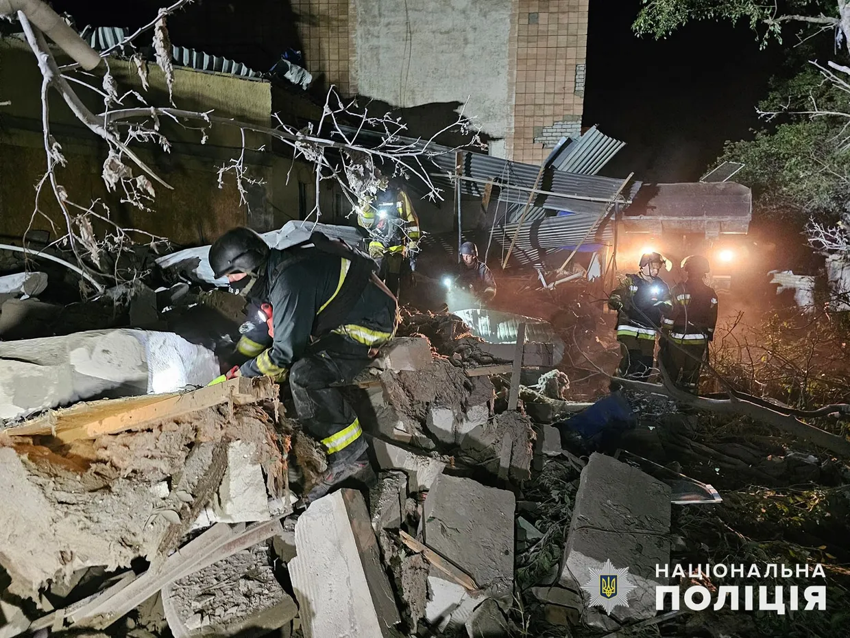 Emergency rescue workers at the site of a Kramatorsk hotel damaged in a Russian strike on Aug. 24, 2024. At least 1 person was killed and 6 others were injured in the attack. (Ukraine's National Police/web)